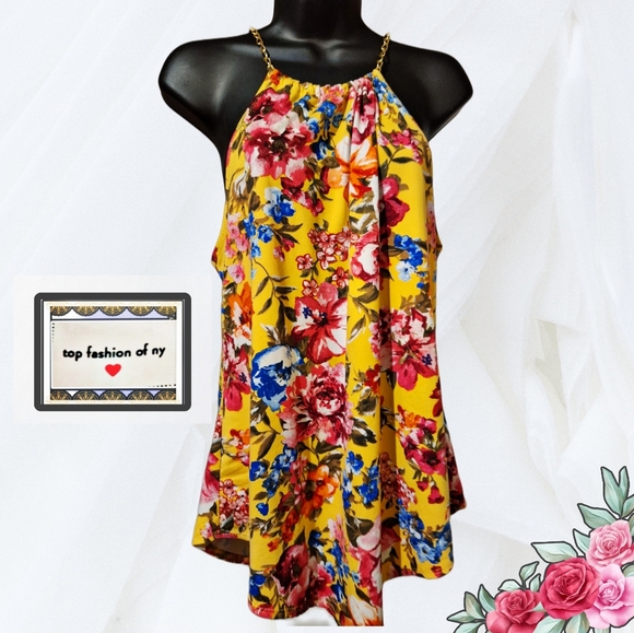 Yellow Floral Printed Sleeveless Top * - Picture 1 of 2